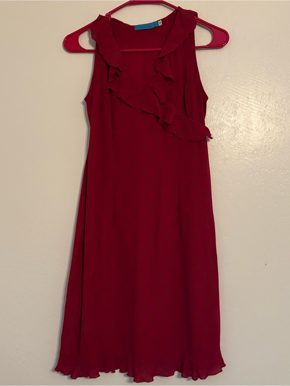 Johnny Was Red Floral Chiffon A-Line Dress V-Neck Ruffle Sleeveless S
